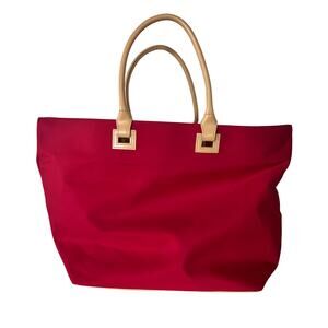 Ellen Tracy Red Faux Leather Handle Tote Bag, Compartments, Button Closure